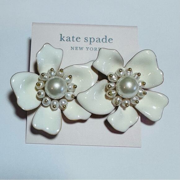 Kate Spade - White Flora enamel and pearl post Earrings NWT